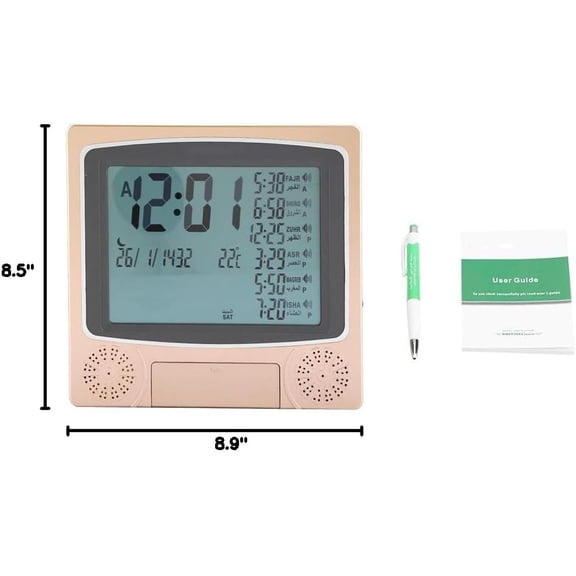 Digital Islamic Prayer Time Alarm Clock with Azan Call, Muslim Prayer Times Calendar Display, World Time Functionality in Gold Finish