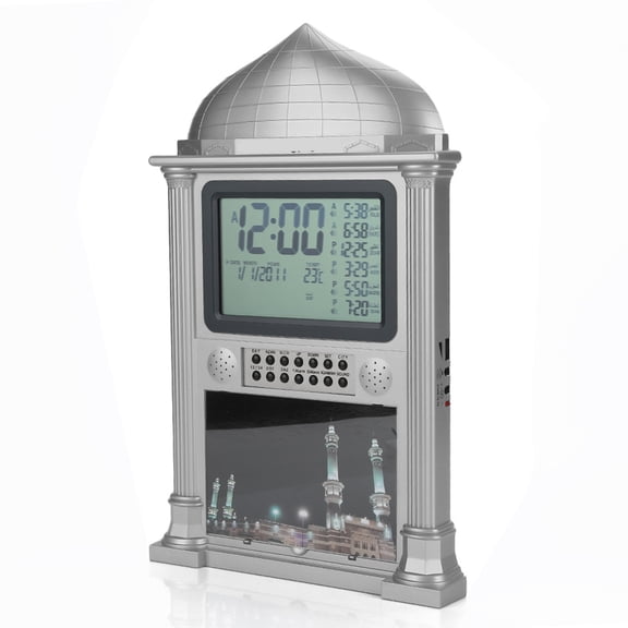 Digital Islamic Prayer Wall Clock Auto Azan Display Tabletop Alarm Clock with Temperature Calendar and Backlight Gray Color Great for Home Office Mosque Decor (14.76 inches / 37.5 cm)