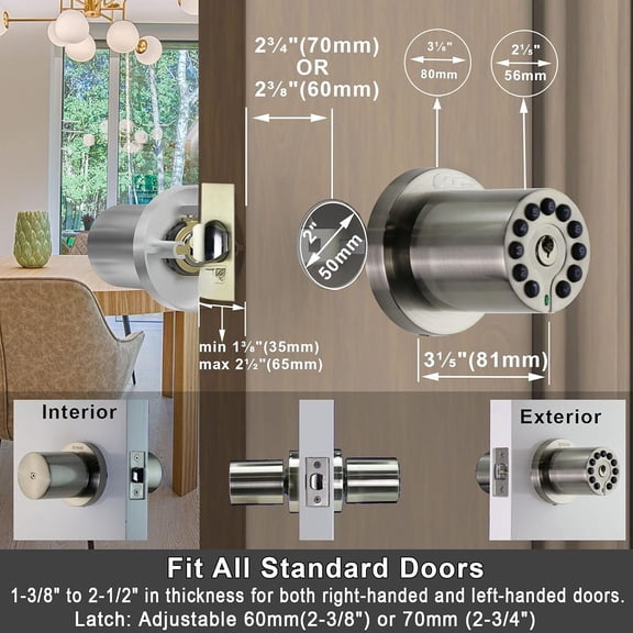Digital Keypad Door Knob with Key, Keyless Entry Lock, 50 User Codes, Auto Lock, Easy Installation, No Deadbolt, Ideal for Home, Office, Hotel