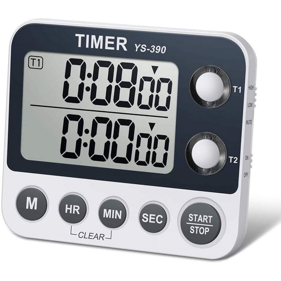 Digital Kitchen Cooking Timer, Dual Count Up & Down with Magnc Back, Large Display, Adjustable Volume and Flashing Alarm Light, ON/Off Switch Stopwatch, Battery Included