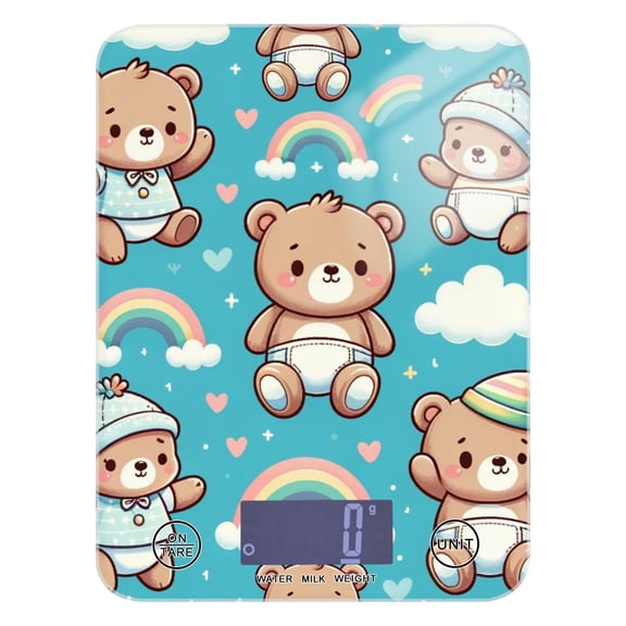 Digital Kitchen Food Scale Weight Grams Oz for Baking Cooking Coffee 11lb 0.05oz/1g Glass Bear with Hat and Rainbow