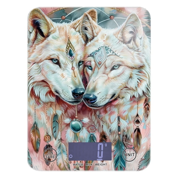 Digital Kitchen Food Scale Weight Grams Oz for Baking Cooking Coffee 11lb 0.05oz/1g Glass Beautiful Wolves with Feather
