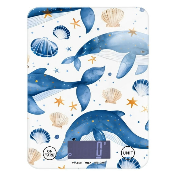 Digital Kitchen Food Scale Weight Grams Oz for Baking Cooking Coffee 11lb 0.05oz/1g Glass Blue Whales Seashells Stars