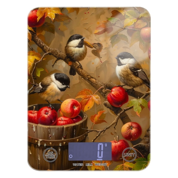 Digital Kitchen Food Scale Weight Grams Oz for Baking Cooking Coffee 11lb 0.05oz/1g Glass Chickadees Birds on Apple Tree