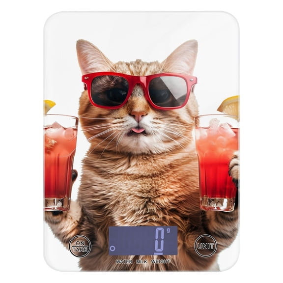 Digital Kitchen Food Scale Weight Grams Oz for Baking Cooking Coffee 11lb 0.05oz/1g Glass Cool Cat with Drinks