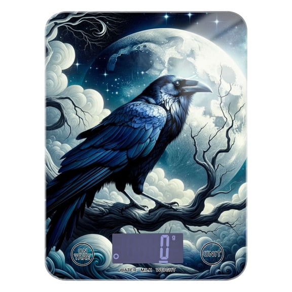 Digital Kitchen Food Scale Weight Grams Oz for Baking Cooking Coffee 11lb 0.05oz/1g Glass Crow on Branch with Moon