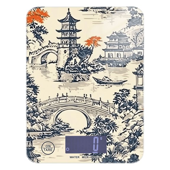 Digital Kitchen Food Scale Weight Grams Oz for Baking Cooking Coffee 11lb 0.05oz/1g Glass Garden with Pagoda and Bridge