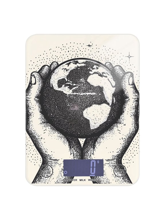 Digital Kitchen Food Scale Weight Grams Oz for Baking Cooking Coffee 11lb 0.05oz/1g Glass Hands Holding Planet Earth