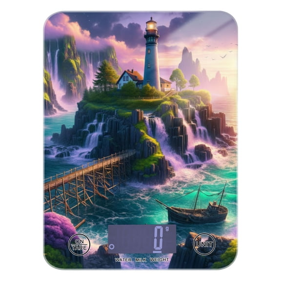 Digital Kitchen Food Scale Weight Grams Oz for Baking Cooking Coffee 11lb 0.05oz/1g Glass Lighthouse on Island and Bridge