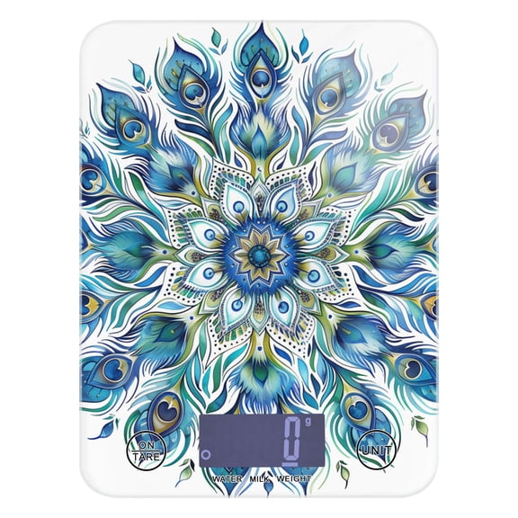 Digital Kitchen Food Scale Weight Grams Oz for Baking Cooking Coffee 11lb 0.05oz/1g Glass Mandala Peacock Feathers