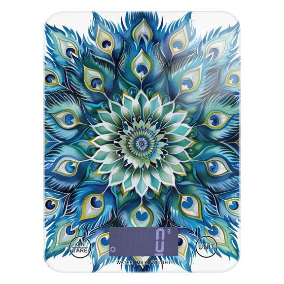 Digital Kitchen Food Scale Weight Grams Oz for Baking Cooking Coffee 11lb 0.05oz/1g Glass Peacock Feathers Mandala