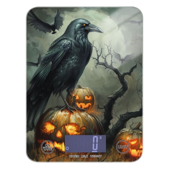 Digital Kitchen Food Scale Weight Grams Oz for Baking Cooking Coffee 11lb 0.05oz/1g Glass Raven Bird and Pumpkins