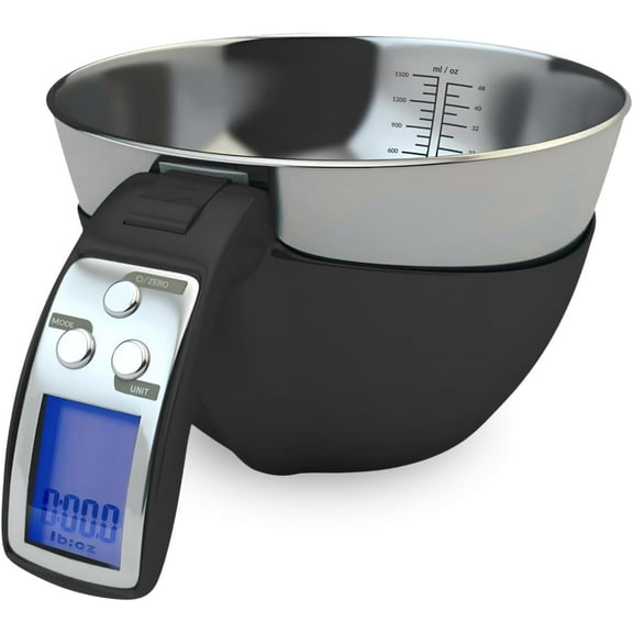 Digital Kitchen Food Scale with Bowl - 11lb, Grams & Ounces - Removable, Dishwasher-Safe Mixing Bowl - Black