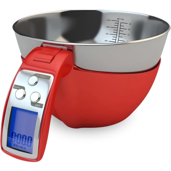 Digital Kitchen Food Scale with Removable Dishwasher-Safe Bowl 11 lb Capacity, Grams and Ounces, Red