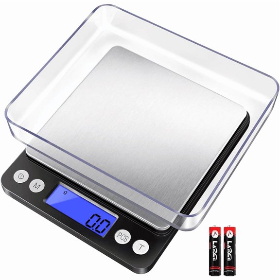 Digital Kitchen Pocket Scale, 3000g/0.1g, 6 Weighing Modes, LCD Display, Tare Function, Grams & Ounces, Includes 2 Trays & 2 Batteries, for Cooking & Nutrition Weighing