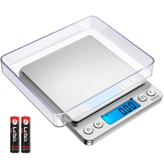 Digital Kitchen Scale, 500g Mini Pocket Jewelry Scale, Food Scale, Coffee Scale, Back-Lit LCD Display, 2 Trays, 6 Units, Auto Off, Tare, PCS, Stainless Steel (Batteries Included)