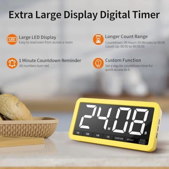 Digital Kitchen Timer with 7.8” Extra Large Display, Magnetic, 3 Brightness, 4 Alarms and 3 Volume Levels, Battery Countdown Count Up Timer for Cooking, Classroom, Home Gym (Yellow)
