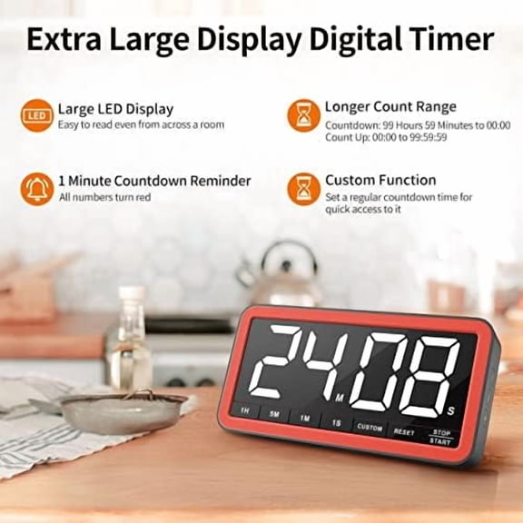 Digital Kitchen Timer with 7.8” Extra Large Display, Magnetic LED, with 3 Brightness, 4 Alarms and 3 Volume Levels, Battery Powered Countdown Count Up Timer for Cooking, Classroom, Home Gym