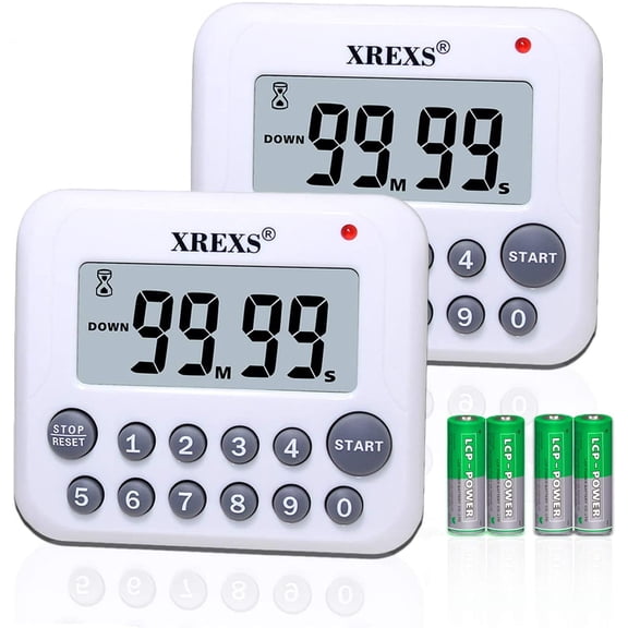 Digital Kitchen Timer Magnetic Countdown Up Cooking Timer Clock with Magnet Back and Clip, Loud Alarm, Lar Display Minutes and Seconds Directly Input-White (2 Pcs, Battery Included) PS-367