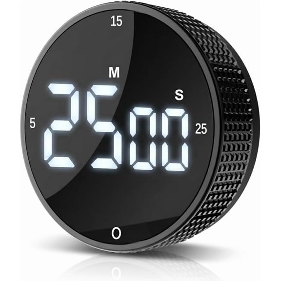 Digital Kitchen Timer - Magnetic Countdown Count Up Clock with Large LED Display, 5/15/25 Min Presets, 3 Volume Levels, Rotary Dial for Cooking, Productivity, Classroom, Fitness (1, Black)