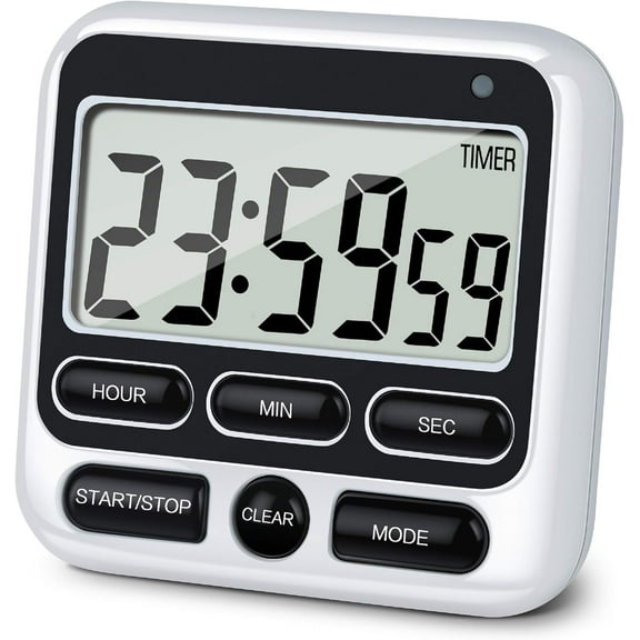 Digital Kitchen Timer with Mute/Loud Alarm Switch ON/Off Switch, 12 Hour Clock & Alarm, Strong Magnet and Simple Operation, Count Up & Count Down, Large LCD Display (Black)