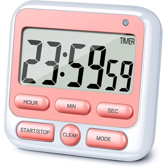 Digital Kitchen Timer with Mute/Loud Alarm Switch ON/Off Switch, 12 Hour Clock & Alarm, Strong Magnet and Simple Operation, Count Up & Count Down, Large LCD Display (Pink)