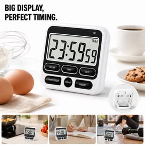 Digital Kitchen Timer with Mute/Loud Alarm Switch on/offSwitch, 24 Hour Clock & Alarm, Memory Function Count up & Count Down for Teachers Cooking, Large LCD Display, Strong Magnet (White)