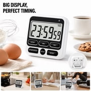 Digital Kitchen Timer with Mute/Loud Alarm Switch on/offSwitch, 24 Hour Clock & Alarm, Memory Function Count up & Count Down for Teachers Cooking, Large LCD Display, Strong Magnet White
