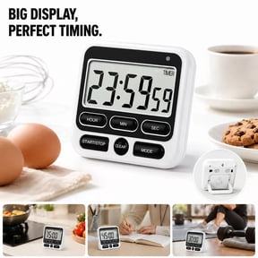 Digital Kitchen Timer with Mute/Loud Alarm Switch on/offSwitch, 24 Hour Clock & Alarm, Memory Function Count up & Count Down for Teachers Cooking, Large LCD Display, Strong Magnet (White)