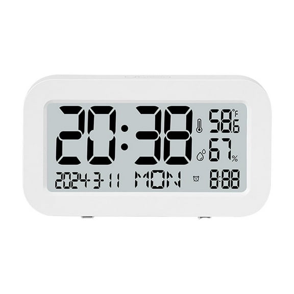 Digital LCD Alarm Clock with Temperature and Humidity Indicator - Features Alarm, Calendar, and Adaptive Brightness Control