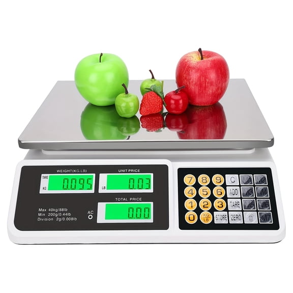 Digital LCD Commercial Price Scale with Stainless Steel Platform, Suitable for Farmers Market, Retail Outlets and Meat Shop, Capacity 88lb/40kg