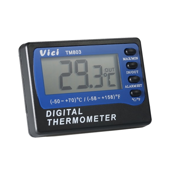 Digital LCD Refrigerator Thermometer with Waterproof External Sensor Probe Mini Freezer Temperature Meter High Low Alarm Max Min Value Memory Display (3 Inches / 7.6 cm, Black and Blue)