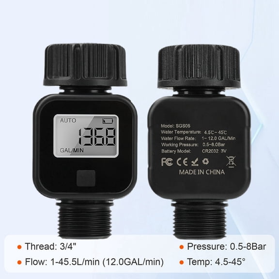 Digital LCD Water Meter Garden Irrigation Hose Sensor Battery Powered 0.58Bar GPM LPM Instant Usage Recorder