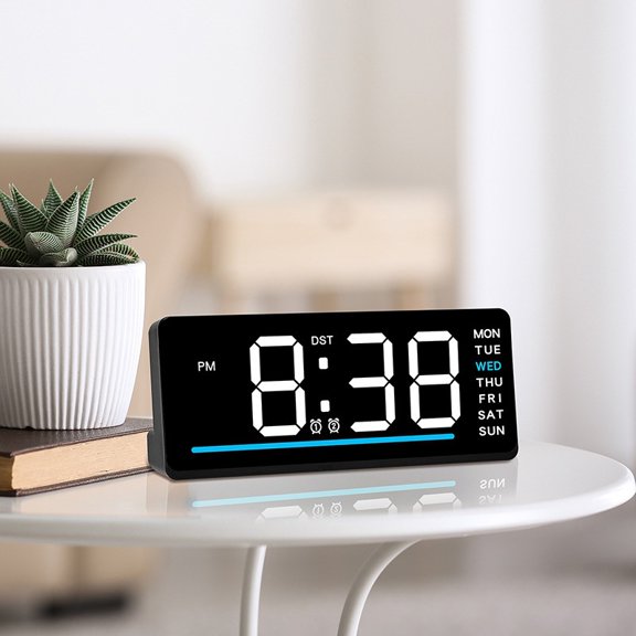 Digital LED Alarm Clock, Large Display Desk Clock with Day of Week, Dual Alarms, Adjustable Brightness,for Bedroom or Office, Black Shell with Blue Light Bar
