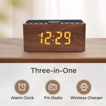 Digital LED Alarm Clock with FM Radio, Wireless Charger for /, 5 Level Dimmer, USB Port, Sleep Timer, Wood Design