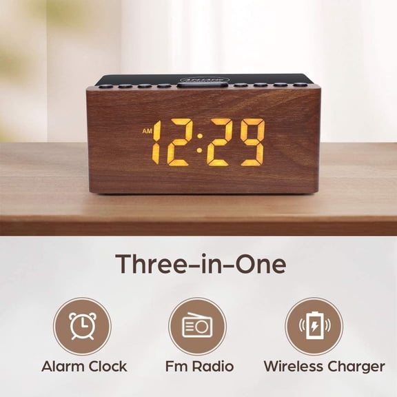 Digital LED Alarm Clock with FM Radio, Wireless Charger for /, 5 Level Dimmer, USB Port, Sleep Timer, Wood Design