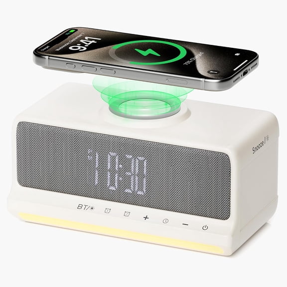 Digital LED Dual Alarm Clock Bluetooth Speaker, Fast Wireless Charger Station for iPhone/Samsung Galaxy, 3 Level Dimmer, 10W Stereo Bluetooth Speaker, Night Light for Bedroom, Bedside, Desk