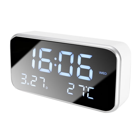 Digital LED Large Display Alarm Clock Mirror Face Clocks with Date Thermometer(White)