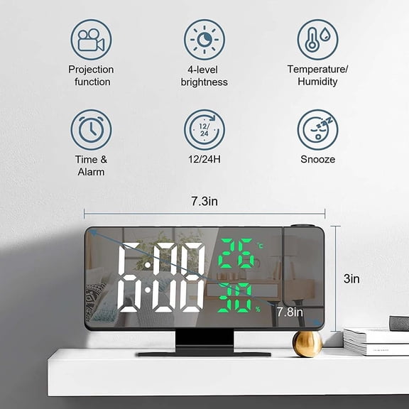 Vensio-Digital LED Projection Alarm Clock with Temperature Date Display 180 Rotating Ceiling Projector Green