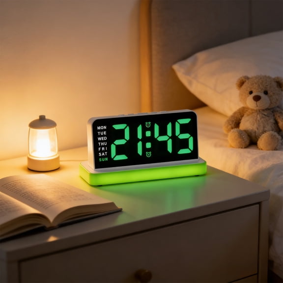 Digital LED Wall Clock,Large Display Alarm Clock with Calendar and Temperature,Modern Electronic Desk or Wall Clock for Living Room,Bedroom,Office or Store Use,Adjustable Brightness Display-Green