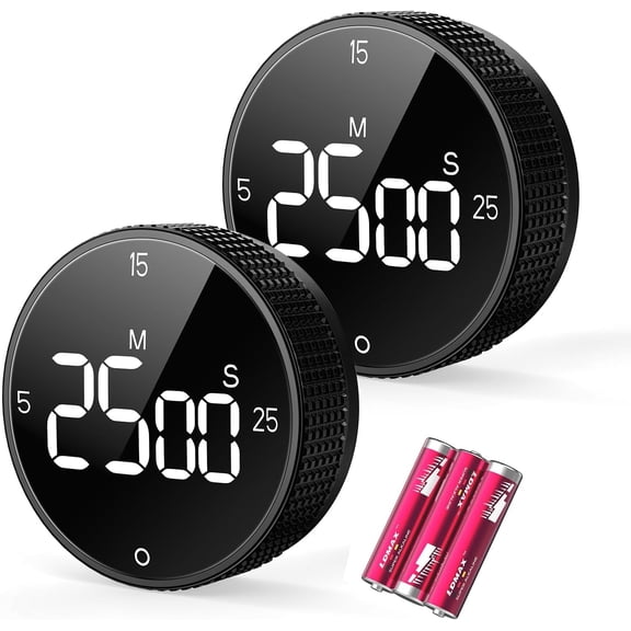 Digital , Large Display Magnc Countdown Countup Timer, 3 Preset Times (5, 15, 25),Volume & Brightness Adjustable for Cooking Classroom Studying, Easy for Kids (Black,2Pcs)