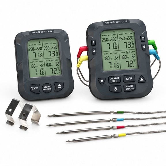 Digital Leave-In Thermometer, 4-Probe Wireless System with 500 ft. Range, Black Plastic, for Outdoor Grilling and BBQ
