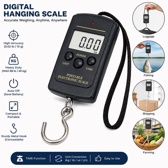 Digital Hanging Scale 88lb 40kg Portable Luggage Fishing Baggage Weight Scale LCD Display