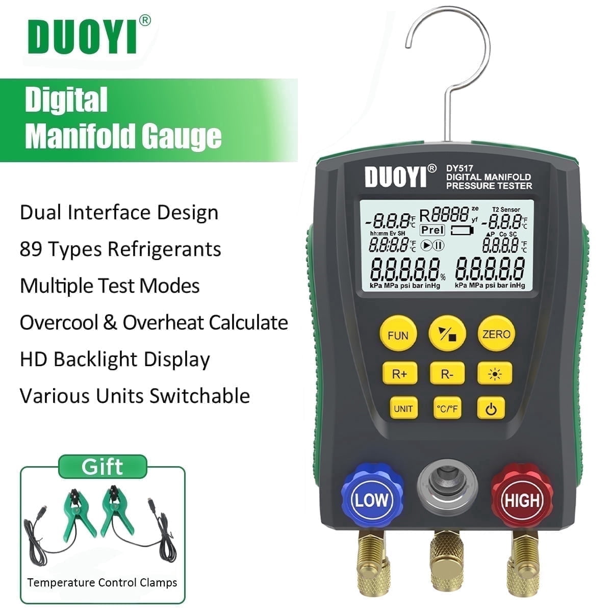 DUOYI Digital Manifold Gauge HVAC AC Refrigeration Pressure Tester, Freon Diagnostic Meter for Car Vehicle Air Conditioner & Refrigerator​