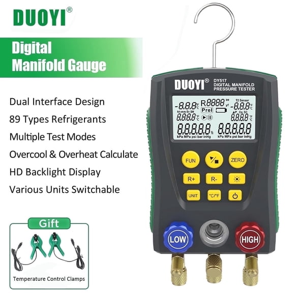 DUOYI Digital Manifold Gauge HVAC AC Refrigeration Pressure Tester, Freon Diagnostic Meter for Car Vehicle Air Conditioner & Refrigerator​