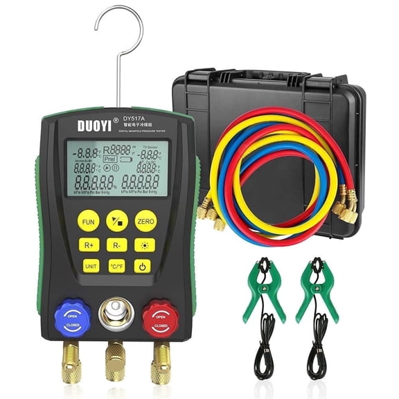 Duoyi HVAC Digital Manifold Gauge Set 89 Refrigerants Pressure Leak Vacuum Test Temp Clamps Hoses 0-6000 kPa Plastic