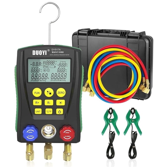 Duoyi HVAC Digital Manifold Gauge Set 89 Refrigerants Pressure Leak Vacuum Test Temp Clamps Hoses 0-6000 kPa Plastic