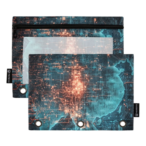 Digital Map 2 Pack Pencil Pouch for 3 Ring Binder Smooth Zipper Folders with Pockets Clear Window Pencil Case
