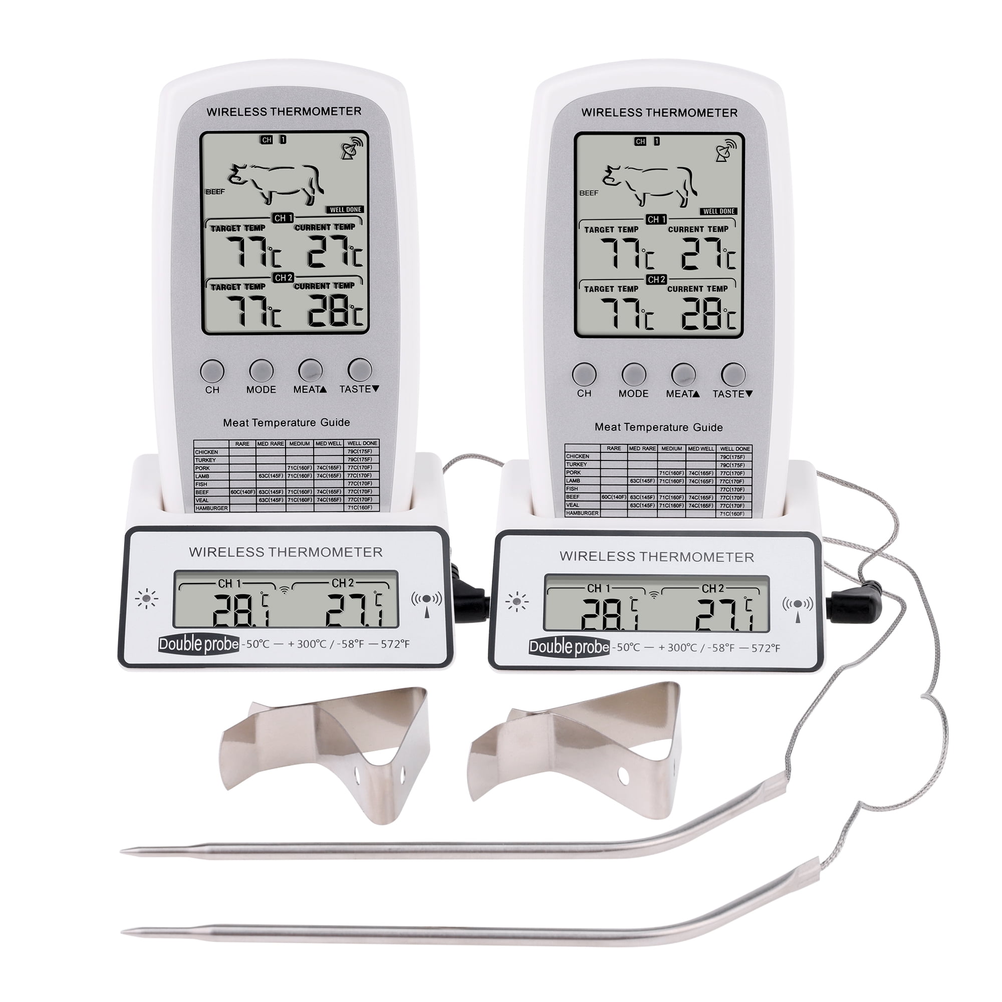 Digital Meat Thermometer, 2 Temperature Probes Food Thermometer for Outside Grill, Waterproof Cooking Thermometer White/Silver