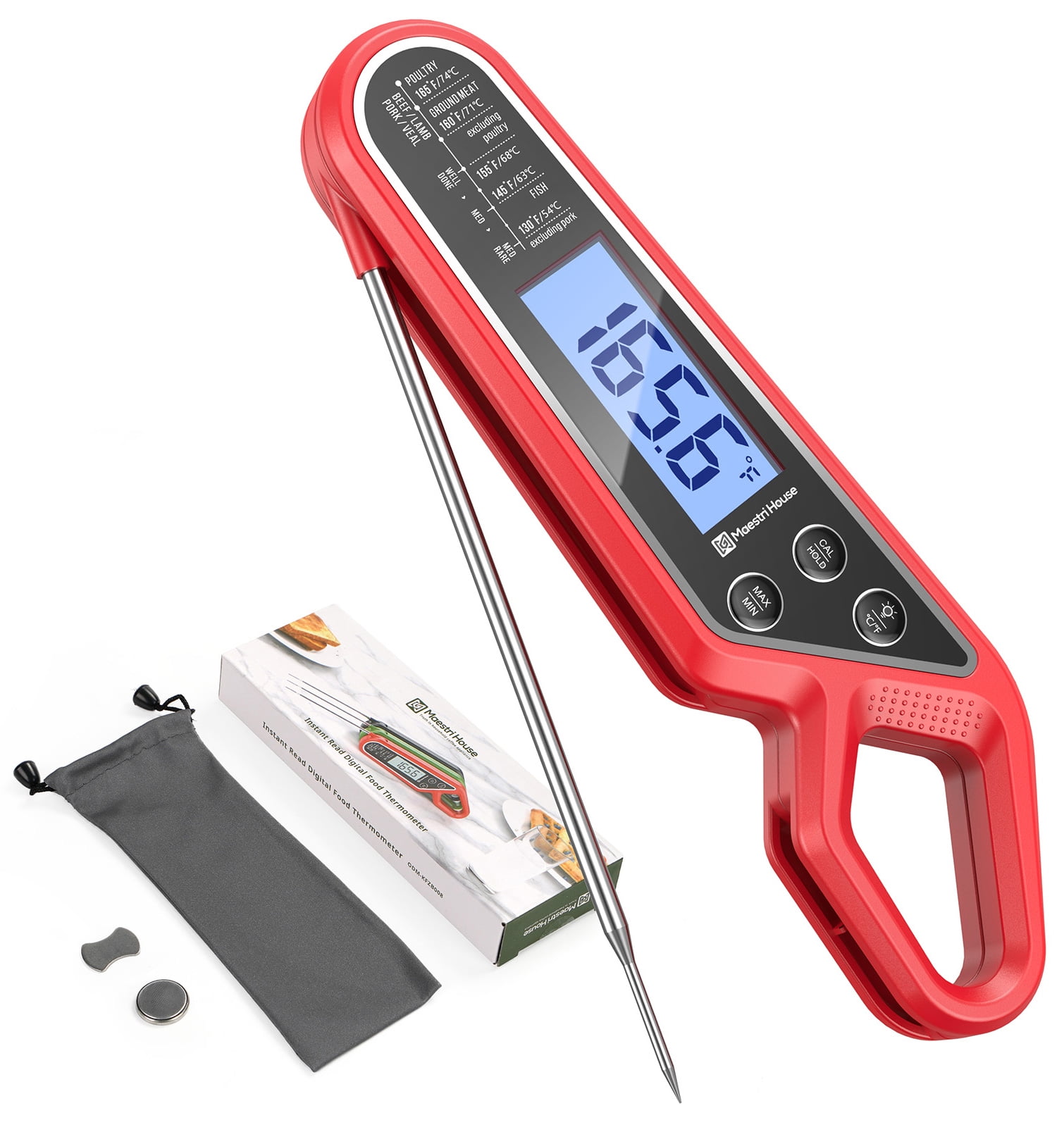 BE-TOOL Food Probe Temperaure Meter 2 Temperature Displays Oven Digital  Temperaure Meter for BBQ Grilling Steak Baking Frying Kitchen (Red)